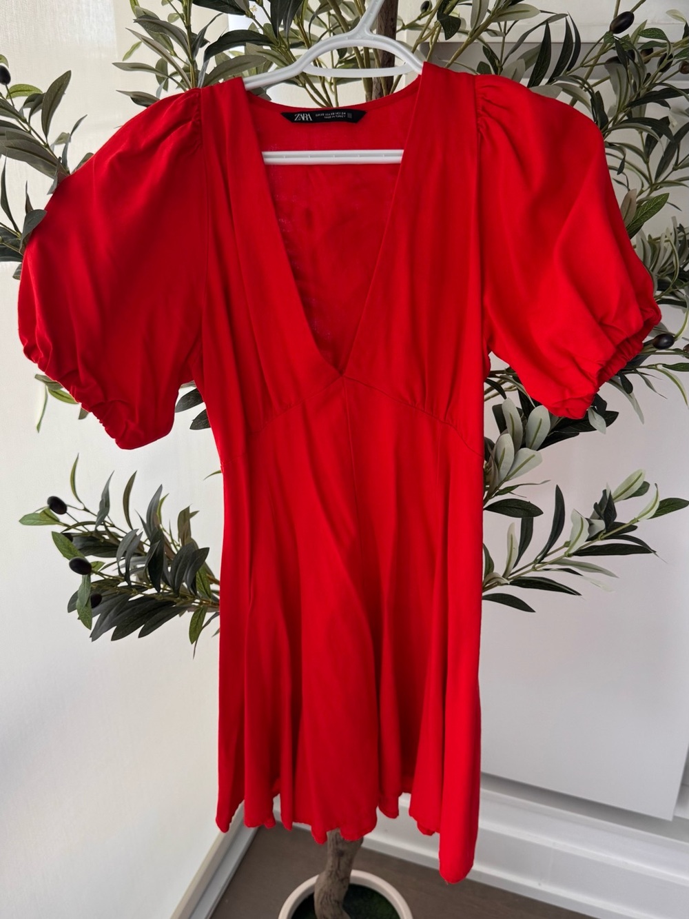 Zara Bright Red V-Neck Puff Sleeve Mini Dress